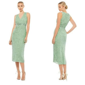 Mac Duggal SEQUINED SLEEVELESS V-NECK MIDI SHEATH DRESS Sz 2